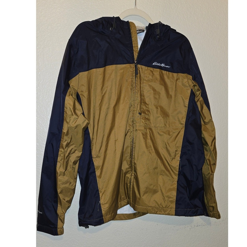 Eddie Bauer Mens Rain Jacket Large Navy Yellow Colorblock Hooded Ripstop Shell